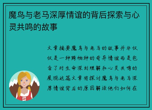 魔鸟与老马深厚情谊的背后探索与心灵共鸣的故事 魔鸟与老马深厚情谊的背后探索与心灵共鸣的故事