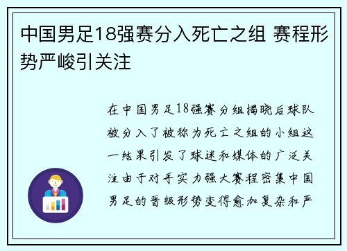 中国男足18强赛分入死亡之组 赛程形势严峻引关注 中国男足18强赛分入死亡之组 赛程形势严峻引关注